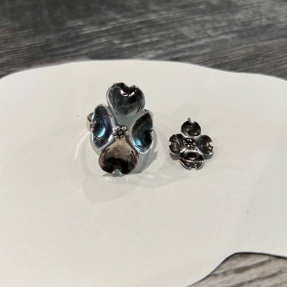 Vintage sterling dogwood ring and pendant charm set